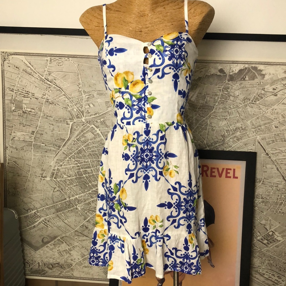 Mogador Ana Capri  Linen White Lemon-Print Midi Dress Size S